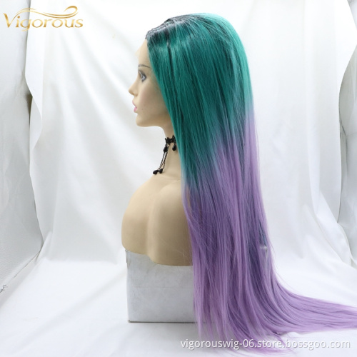 Vigorous green Ombre Long Straight Synthetic 3 Tone Color Lace Hair Front Wigs Dark Roots Middle Part For Black Women